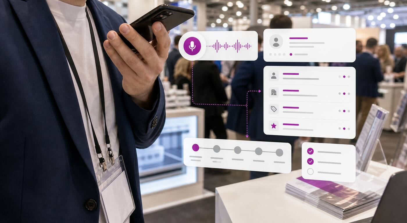 Standbesucher erfasst einen Lead per Sprachnotiz auf der Messe